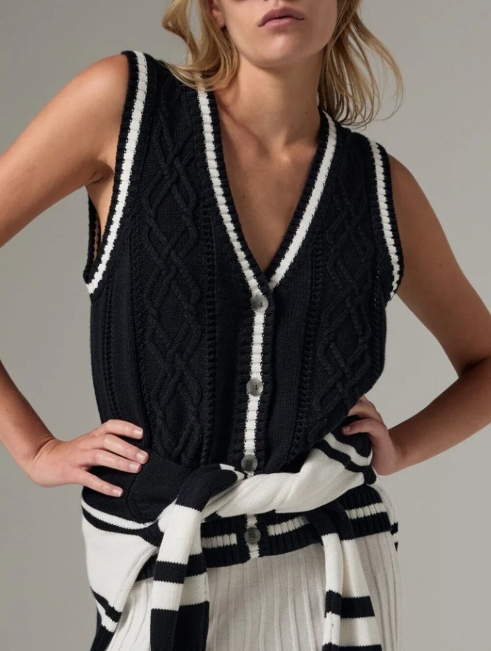 NWT Alp N Rock Jade Cable-Knit Sleeveless V-Neck Button-Front Vest In Navy Blue